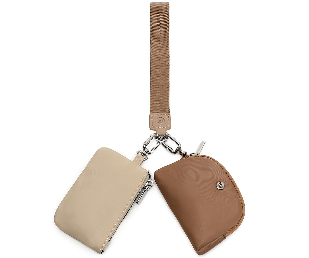 WSRYDJDL Mini Zip Around Wristlet Wallet for Women Detachable Dual Pouch Wristlet Portable Coin Pocket Keychain Small Purse (Khaki+Brown)