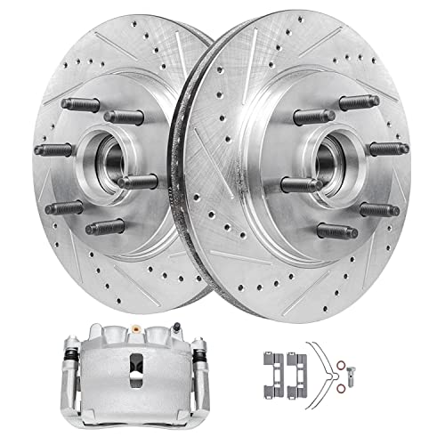 Image of Detroit Axle - RWD Front Brake Kit for 2005-2008 Ford F-150 2006-2008 Mark LT, 2007, Drilled Rotors Right Brake Caliper w /Bracket Replacement: 6 Lug Models with 12.99 inch inch Rotor Diameter - 3pc Set