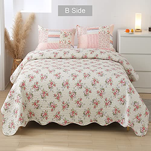 Pink Patchwork Quilt Set Queen Size Reversible Quilted Bedspread Coverlet Set 3-Piece Floral Lightweight Stitched Quilt Comforter Bedding Set Bed Sheet Cover Blanket With 2 Pillow Shams For All Season #TOP2