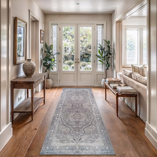 Image of Bloom Rugs Washable Non-Slip 7 ft Runner - Blue /Steel Gray /Beige Traditional Medallion Runner for Entryway, Hallway, Bathroom, and Kitchen - Exact Size: 2.5' x 7'