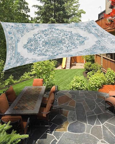 Boho Floral Teal Sun Sail Shades Rectangle Canopy,Sunlight Block Heavy Duty Curved Backyard Shade Cover,Waterproof Sun Shades for Patios Garden Outdoor,6.5'x10' Ethnic Mandala Rustic Tribal Patterns