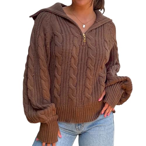 Women Fall Quarter Zip Pullover Sweaters Loose V Neck Lapel Collar Long Sleeve Jumpers Casual Cable Knit Tops