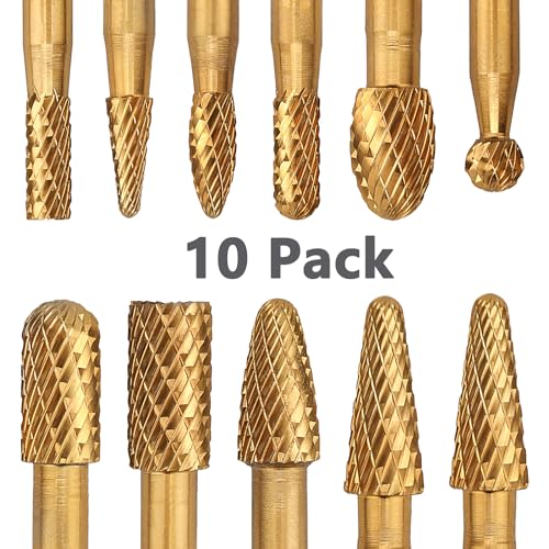 Image of 10 Pieces Set Carbide Burr Set with 1 /4 inch Hex Shank,Double Cut Tungsten Carbide Rotary Burr Set for DIY Grinder Metal Wood Carving Engraving Polishing Drilling Grinding Milling Cutting