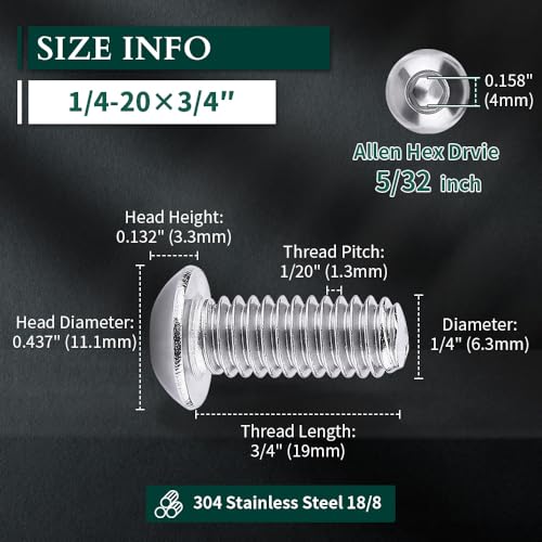Image of 1 /4-20 x 3 /4 inch Button Head Socket Cap Bolts Screws, 304 Stainless Steel 18-8, Allen Hex Drive, Bright Finish, Fully Machine Thread, Pack of 100