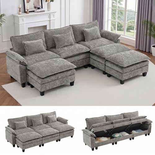 Image of IPKIG 117 inch Modular Cloud Couch with Storage, C Shaped Sectional Sofa | 3 Seater Grey Chenille Deep Seat Sectional Couches with Ottoman and Pillow for Living Room, Apartment