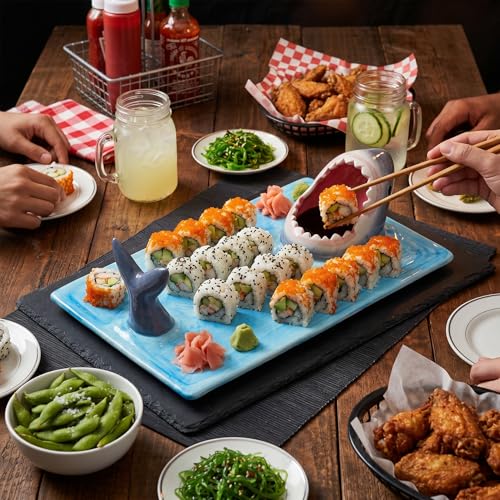 Image of 2 Pack Ceramic Shark Taco Holder Plate, Shark Sushi Plates, Funny Handmade Kitchen Salad Plates with Dipping Sauce Bowl, Microwave /Oven /Dishwasher Safe Plates, Birthday Gifts for Shark Party Lovers