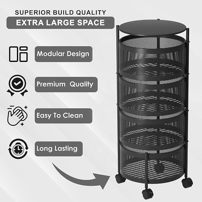 Image of HomeWiz 4-Layer Round Kitchen Trolley | Movable Storage Organizer for Fruits & Vegetables | Perforated Mesh Baskets with Solid Flat Top | Multipurpose Rack for Onion & Potato | Rust-Resistant | Black
