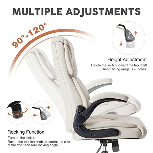 Sweetcrispy Ergonomic Office Chair, PU Leather, Flip-up Arms and Adjustable Height, Big and Tall Executive Desk Chair with Wheels for Home Office, White image 3