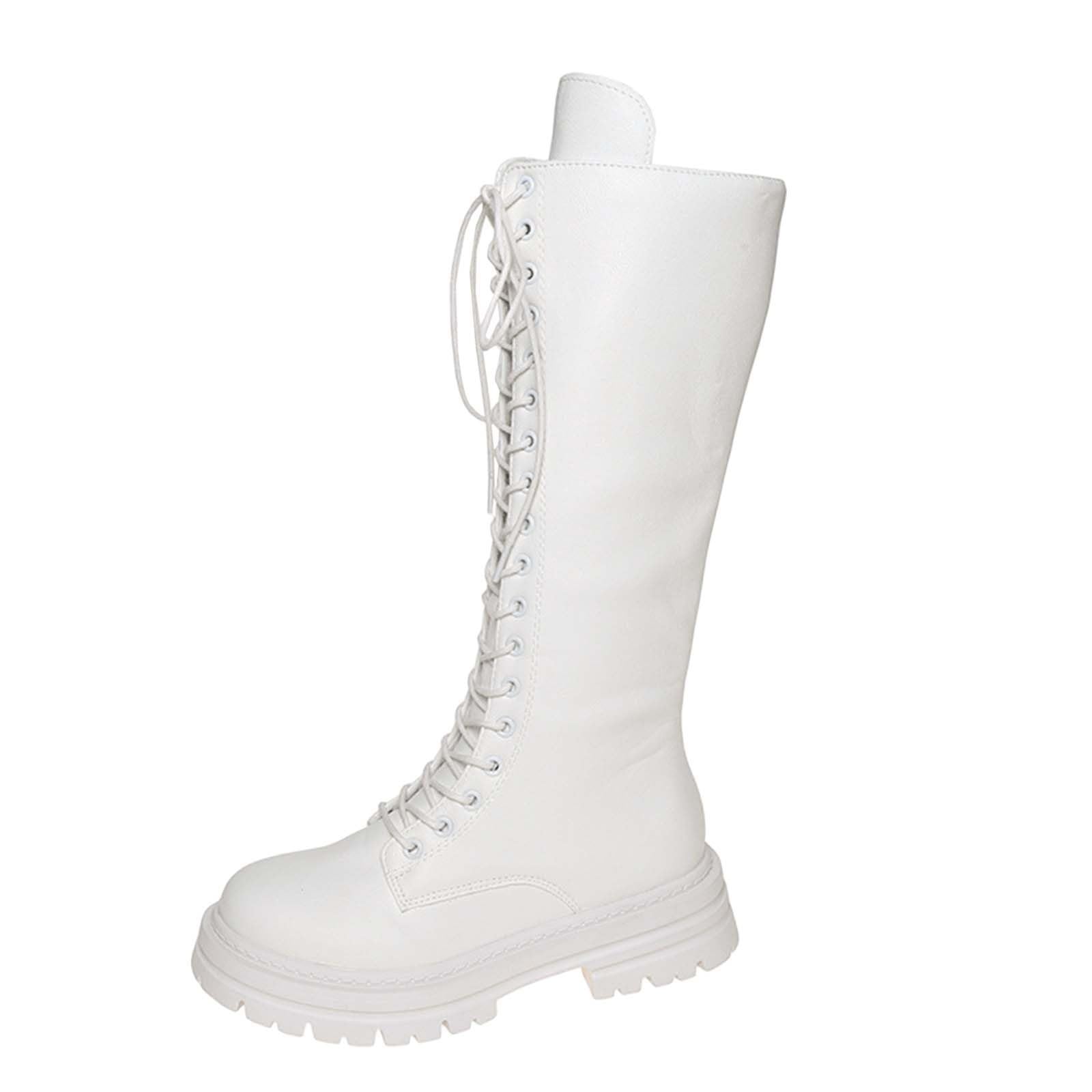 Knee High Boots for Women Round Toe Platform Wide Calf Boots Soft Comfy Lining Lace Up Combat Shoes