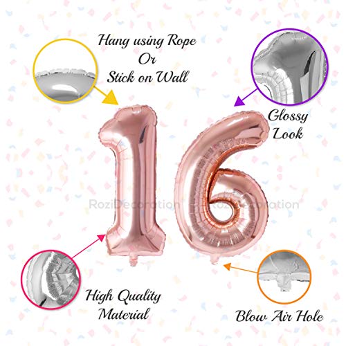Image of Rozi Decoration 16 Inch Rose Gold Colour 16 Number Foil Balloons with Helium Supported | 16th Birthday Decoration Items | 16 Anniversary Decoration | 16 Balloon Number Pack of 2 Pcs