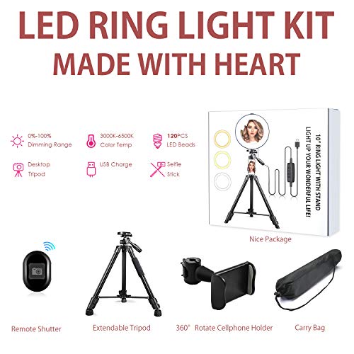 10" Ring Light with Stand and Phone Holder, HQOON Upgraded LED Selfie Ringlight with 52" Extendable Tripod Stand for Makeup/Photography/Live Stream/Video Recording, Compatible with Phones and Cameras - Thumbnail 4