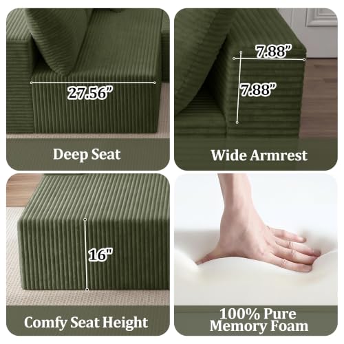 Image of 118 inch Modular Sectional Sofa with Chaise & Ottoman,Oversized U-Shaped Corduroy Cloud Couch,Deep Seat Boneless Couch for Living Room,No-Assembly,Green(Left Facing Chaise)
