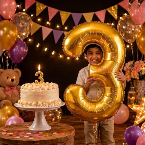 Image of Balloonistics Gold 40-Inch Foil Number 3 Balloon with Matching Number Candle - Combo Set for 3rd Birthday, Anniversary, Party Decoration, Photo Booth Backdrop, Cake Table Decor