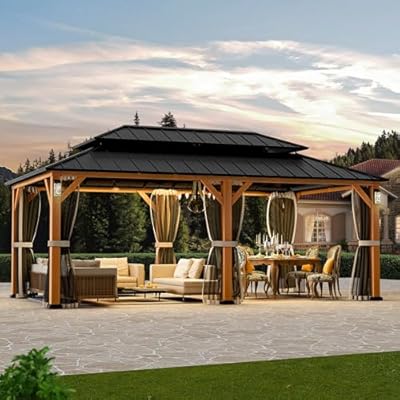 Modern Shade The Horizon Permanent Hardtop Gazebo 12' x 20' w/ 4 LED Lights, Outdoor Gazebo w/Galvanized Steel Double Roof, Patio Gazebo w/Decor Hooks, Mosquito Nettings, Wood-Looking