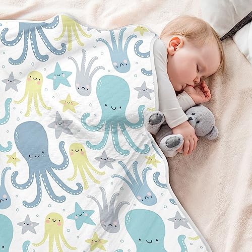 Image of Swaddle Blanket for Blue Octopus with Star Baby Receiving Blanket Muslin Baby Swaddles Soft Cotton Breathable Nursery Blankets for Unisex Boys and Girls 30x40 Inch