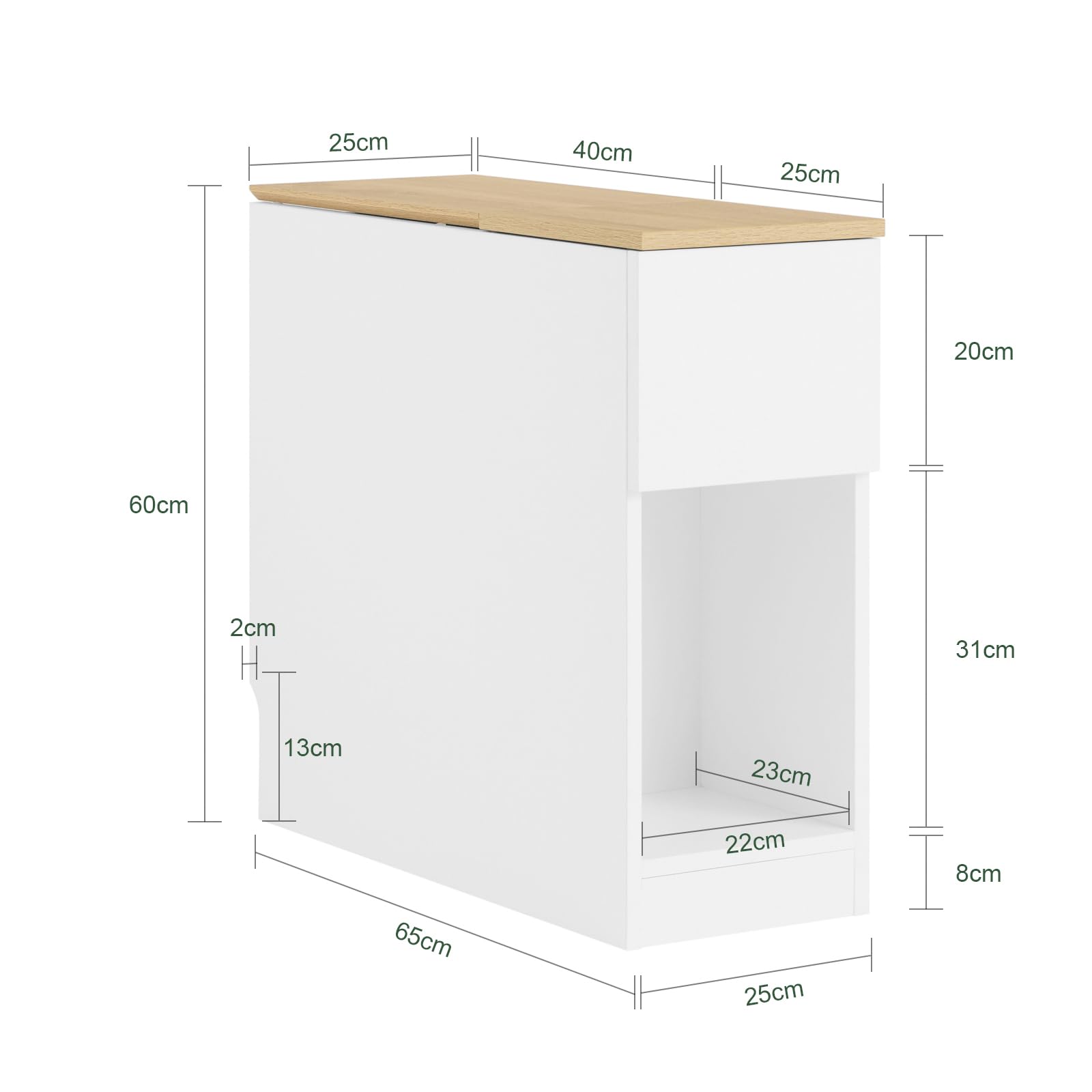 SoBuy Mesa Auxiliar Estrecha - Mesita de Noche con Estante de Almacenamiento y Cajones, Mesa de Noche Ahorra Espacio para Dormitorios Pequeños, 25 x 65 x 60 cm, Blanca y Natural - FBT162-WN