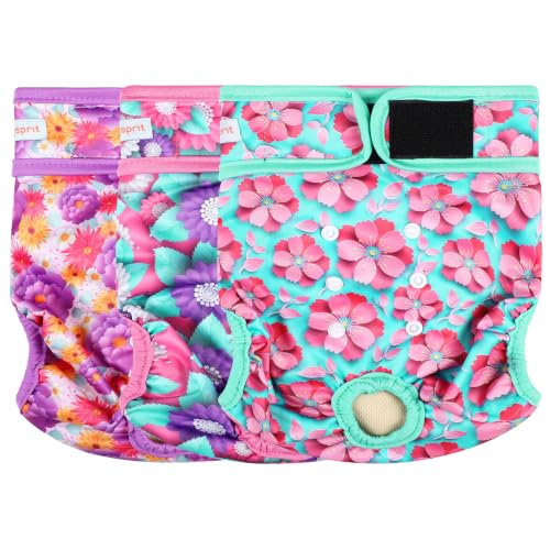 Image of Langsprit Washable Female Dog Diapers (3 Pack) - No Leak Reusable Diapers for Doggy Female in Period - Highly Absorbent Dog Heat Panties with Adjustable Snaps (Spring Flowers, X-Large)