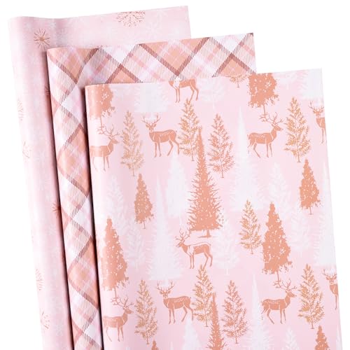 RUSPEPA Juego De Papel De Regalo Navideño Rosa, Mini Rollo, Diseño Invernal Laminado Dorado Con Reno Y Copo De Nieve. Papel De Regalo Navideño Reversible Para Niñas,3 Rollos, 43,2 Cm X 3 M Cada Uno
