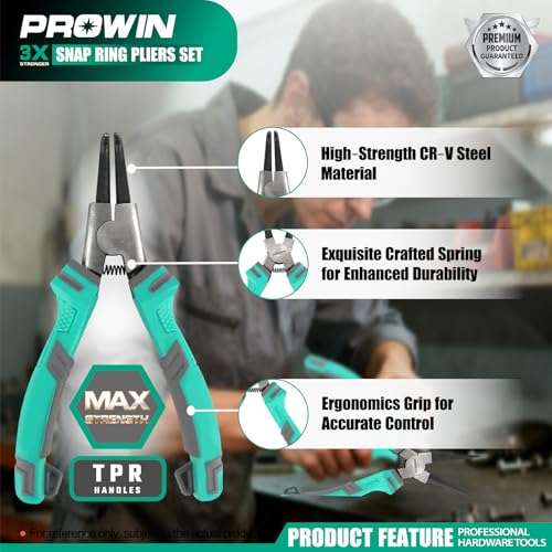 Prowin 4-Piece Snap Ring Pliers Set, Internal & External Circlip Pliers with Straight and Bent Tips, 7-Inch Chrome Vanadium Steel Retaining Ring Tool with Storage Pouch — view 3