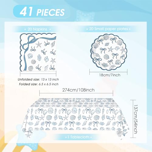 Image of 40PCS Seashell Birthday Party Decorations Blue Bow Beach Style Tableware Kit Include Starfish Coral Disposable Paper Plates and Napkins,Tablecloth Set for The Summer I Turned Pretty Party Decor