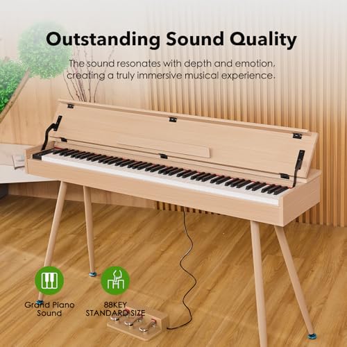 Image of Digital Piano 88 Key Weighted Keyboard,Full-Size Desk Progressive Hammer-Action Electric Piano For Beginners, With Sheet Music Stand, Pedal,Power Adapter, Headphone Mode, Usb-Mid (Maple)