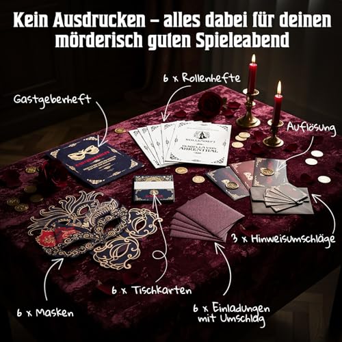 Stadtkrimis Exit Escape Stadtführung Milula Studios Krimidinner „Der Maskenball-Killer“ – Krimi Dinner Spiel für 4–6 Personen (ab 14) – Komplettset mit Rollenheften, Hinweisen, Masken & Einladungen – 1,5–2,5 Std. Spielzeit