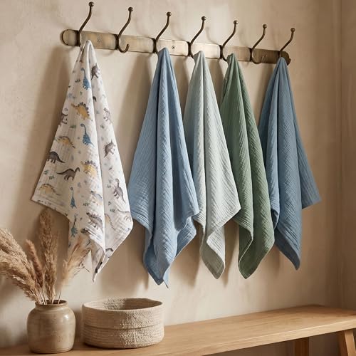 Image of Muslin Receiving Blankets, Neutral Blanket Swaddling for Newborn Boys and Girls, 5 Pack Breathable and Skin-Friendly Swaddle Wrap for Infant Baby (Blue Dinosaur)