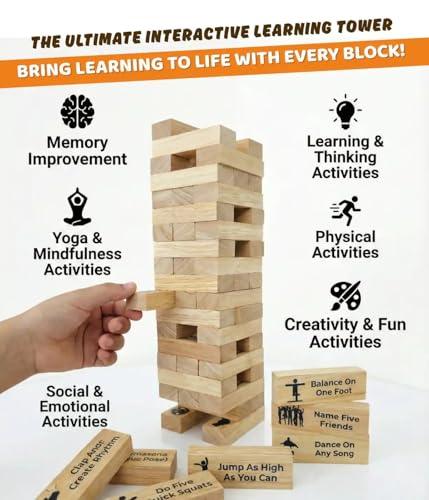 Image of Wooden Tumbling Tower Game for Kids - Beige Activity Tower Blocks 54 Blocks Stacking Game | Educational Toy, Family Game, Kids Learning Activity