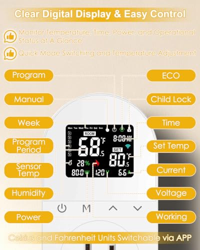 1300W Titanium Immersion Water Heater with Smart Digital Thermostat, Fully Submersible Electric Heater with Start/Stop Temperature Control, App Controlled for Bathtub Hot Tub Cattle Tank Bucket Pool