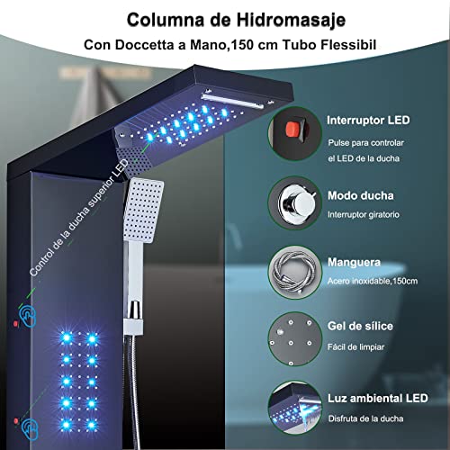 TVTIUO-Columna-de-Hidromasaje-LED-Negra-Columna-Ducha-Acero-InoxidableSistema-de-Ducha-5-funciones-Set-Ducha-de-Bano