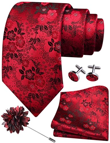 Image of GUSLESON 3.15 inch（8cm） Mens Floral Tie and Lapel Pin Necktie Hankerchief Cufflinks Set for Men