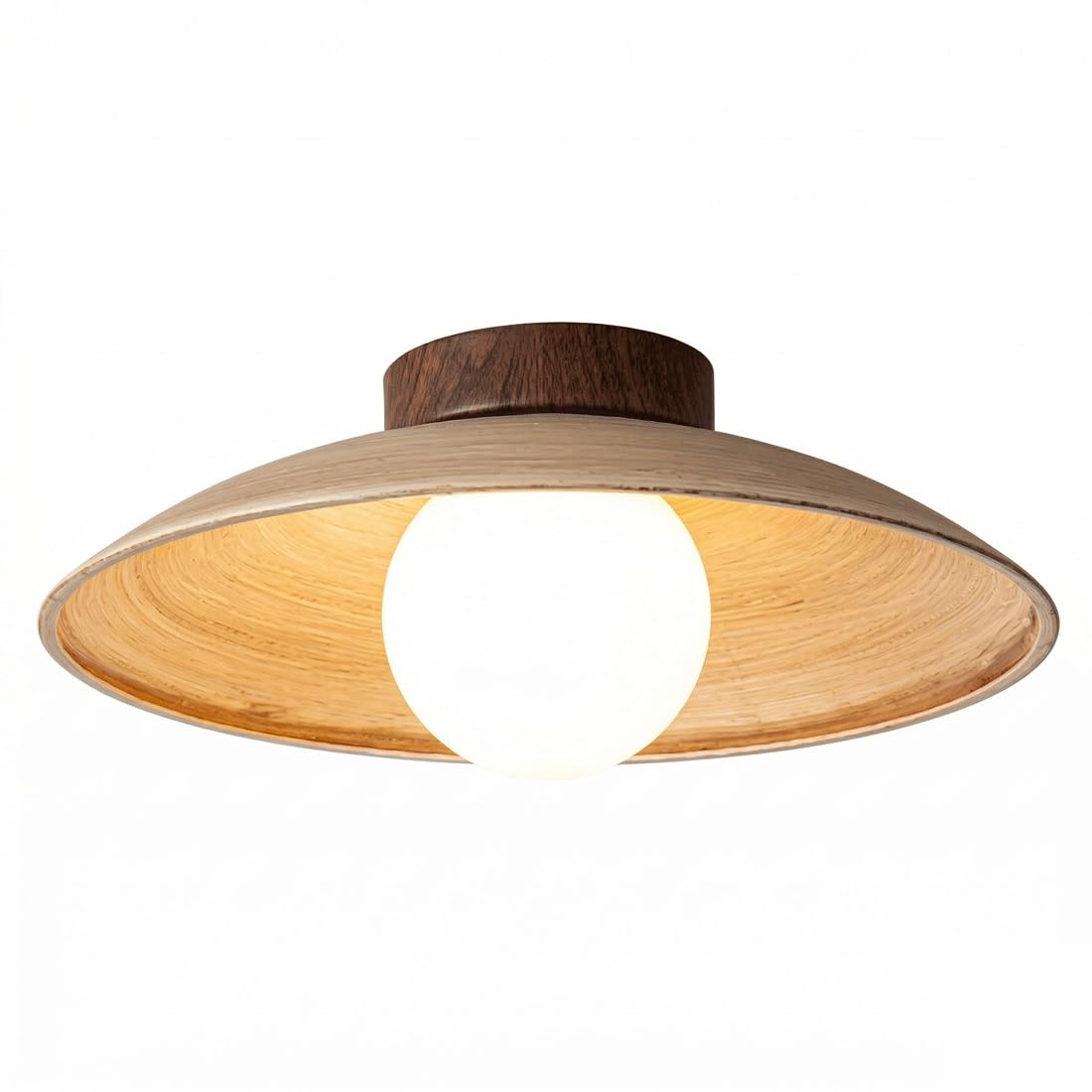 IvyLoutish Modern Vintage Style Ceiling Light, Iron with Walnut Wood Print and Glass Globe Shade, Plafond, Flush Mount Fixture, Lamp, Luminaire Suitable for Hallway, Entry, Bedroom, Home