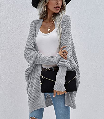 Image of Women's Waffle Cardigan Ribbed Cuffs Open Front Knit Sweater Batwing Long Sleeve Casual Loose Chunky Coat Outwear(XL,Light grey2)