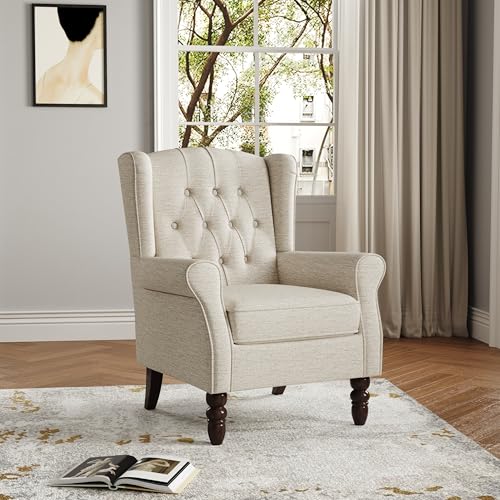 UIXE High Back Accent Chair Upholstered Armchair in Fabric Retro Wingback Arm Chair for Living Room Comfy Single Sofa Bedroom Reading Seat with Solid Wood Legs Beige