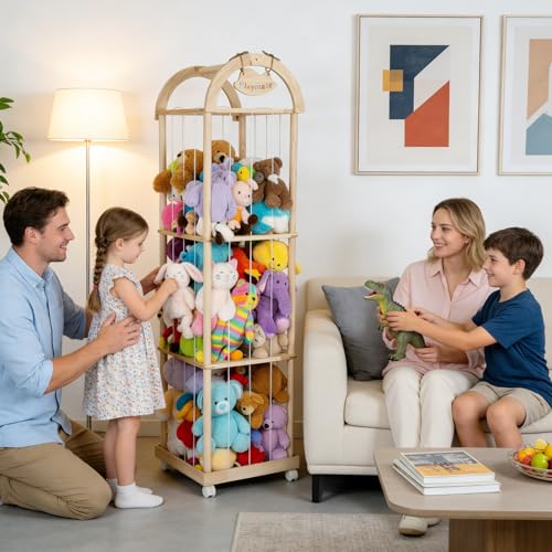VIHBRAI Holz Kuscheltier Aufbewahrung, Stofftier Aufbewahrung mit 360°Bremse-Ausgestattete Räder, 150 * 40 * 40cm Plüschtier Spielzeug Organizer für Kinderzimmer, Wohnzimmer und Schlafzimmer