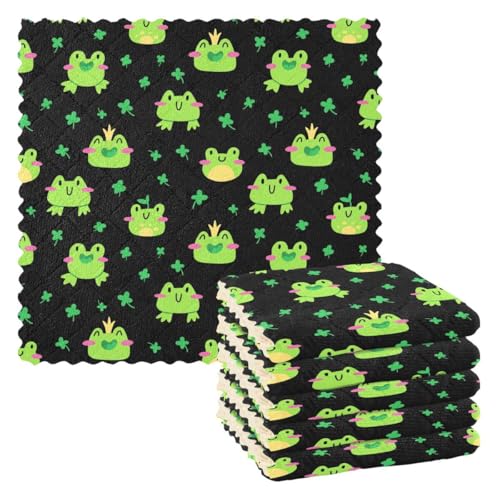 Akiraki キッチンクロス 蛙 カエル グリーン ブラック 黒 ふきん 雑巾 吸水 速乾 汚れ落とし キッチン 台拭き 6枚セット 食器ふきん おしゃれ ぞうきん 家庭用 洗車 28X28cm
