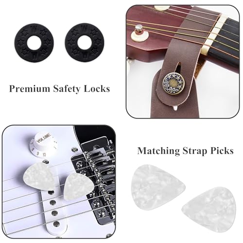 Image of Adjustable Guitar Strap Includes 2 Strap Locks & 2 Matching Picks & 1 Picks Holder & 1 leather Strap Button.
