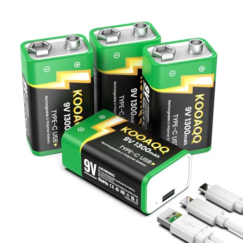 4-Pack 9V Rechargeable Batteries with USB-C Charger