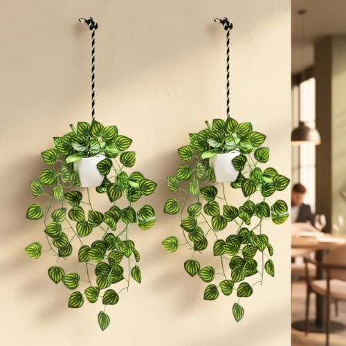Image of fancymart Artificial Hanging Ivy Plant with White Hanging Pot & Rope, Pack of 2, Realistic Green Leaf Creeper for Home, Office, Living Room & Wall Decor, 60 cm Height
