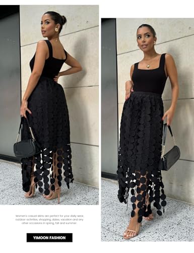 Yimoon Womens Hollow Out Maxi Skirt Elastic Waist Fringe Hem Long Skirt Tassel Trim Cocktail Party Midi Skirt4