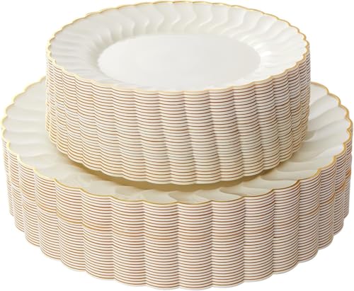Lullaby 60PCS Ivory Scalloped Plastic Plates with Gold Rim Disposable Elegant Plates Include 30pcs Dinner Plate 10.25 30pcs Plastic Dessert Plate 7.5 Perfect for Wedding and Party