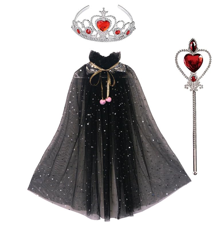 Image of Princess Cape for Girls - Colorful Sequin Cloak with Crown and Wand for Birthday, Halloween, Fancy Dress & Carnival
