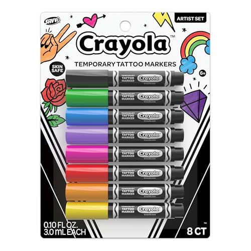 Crayola 8ct Temporary Tattoo Markers: Skin-Safe Ink Vibrant Colors Gifts for Children Teens and Adults Made in the USA [1 Pack]