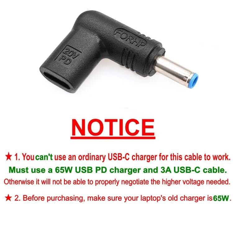 Adaptateur USB-C Vers Jack DC 4.5x3.0 Mm - 20V PD - Pour Charge Ordinateurs Portables HP Et Autres - 3