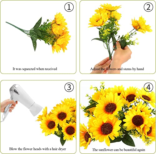 LOKIPA 2 Bunches Artificial Sunflower Bouquet, Fake Sunflower Silk Flowers Realistic Silk Sunflowers with Stems for Wedding Home Garden Party Decoration image 3