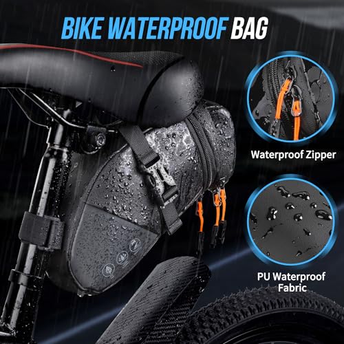 Image of WOTOW Bike Saddle Bag - Waterproof Bike Seat Bag Expandable to 2L - Reflective Bicycle Under Seat Storage Pouch for Road Mountain Bike Cycling Travel