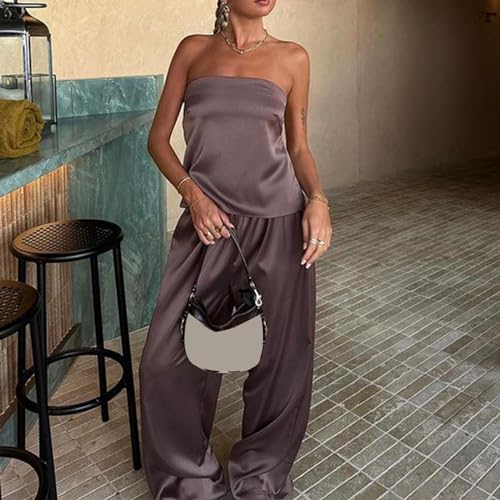 Women 2 Piece Tube Top Pants Set Satin Strapless Crop Top Wide Leg Pants Outfits Y2K Summer Suit2