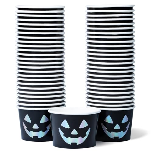 Confettiville Paper Ice Cream Cups 50-Count 9-Oz Disposable Dessert Bowls for Hot or Cold Food 9-Ounce Halloween Party Supplies Treat Cups Jack-O-Lantern Black and Silver