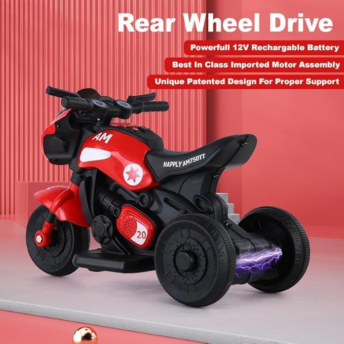 Image of Ninja Ev Kids Battery Operated Bike Rechargeable Ride on for Boys and Girls with Music and Lights, Forward and Backward Gear, Built in MP3 Player Baby Bike with USB Port (RED)