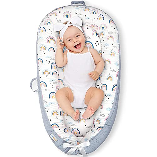 Image of CosyNation Baby Lounger for Newborn, Soft & Breathable Cotton Newborn Lounger, Adjustable and Portable Infant Lounger & Infant Floor Seat, Newborn Essentials & Baby Registry Search (Rainbow)